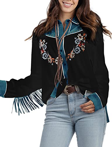 JOHN MOON Women's Embroidered Western Long Sleeve Buttons Down Shirts Fringed Retro Cowgirl Blouses Shirts Black