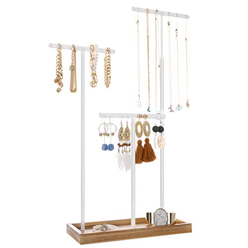 SONGMICS 2-in-1 Jewelry Display Stand Holder, Mother's Day Gifts, Jewelry Rack Tree with 3 T-Shape Metal Bars with Holes, Long Necklace Bracelet Earring Ring, Rustic Brown and White UJJS016W01