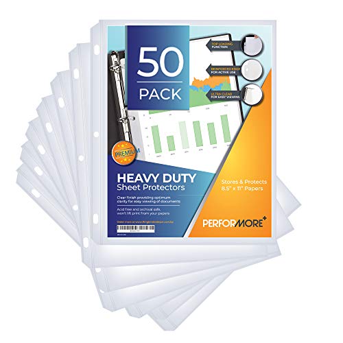 Performore 50 Sheet Protectors, Heavy Duty 8.5 X 11 Inch Clear Page for 3 Ring Binder, Plastic Sheet Sleeves, Durable Top Loading Paper Protector with Reinforced Holes, Archival Safe