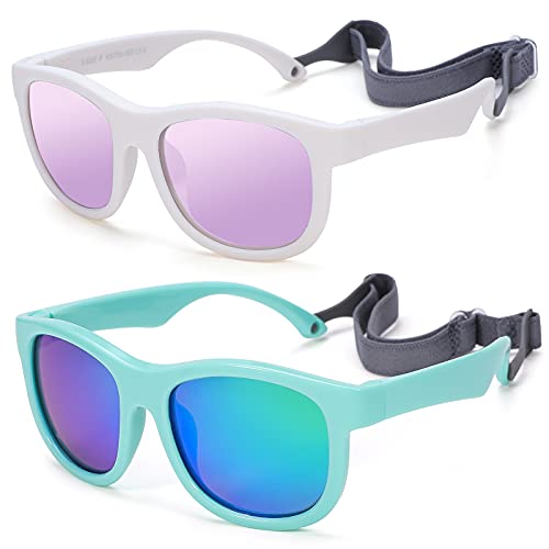 NULOOQ Flexible Polarized Baby Sunglasses with Adjustable Strap for Toddler Newborn Infant Age 0-24 Months (White/Purple Mirrored + Green/Green Mirrored) - 2 Pack
