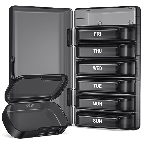 PULIV Pill Organizer with Large Capacity, Dual Protection Pill Box 7 Day, Arthritis Friendly Pill Case Easy to Open, Weekly Medicine Organizer for Vitamins, Medications, Fish Oils, Supplements (Black)