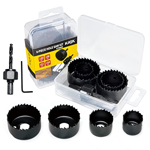 KATA 6PCS Hole Saw Kit 1-1/4' to 2-1/8'(32-54mm) Hole Saw Set in Case with Mandrels and Hex Key for Soft Wood, PVC Board, Plywood
