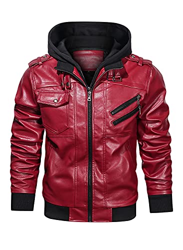 HOOD CREW Men’s Casual Stand Collar PU Faux Leather Zip-Up Motorcycle Bomber Jacket With a Removable Hood Red XL