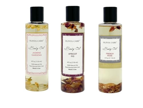 Olivia Care 3 Pack Body Oils: Apricot Fig, French Rose, Jasmine Gardenia - Natural Perfume Oils For Women & After Bath Oils Body Moisturizers, Rich in Vitamin E, K, & Omega (3 Scents)