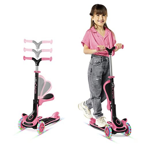Lifemaster Adjustable Kids Scooter - Children and Toddler 3 Wheeled Kick Scooter with Adjustable Handlebar, Foldable Seat and LED Wheel Lights for Outdoor and Indoor - Watermelon
