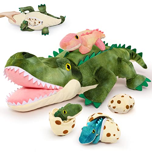 MorisMos Plush Alligator Stuffed Animal with Babies Inside Belly, 23.6'' Mommy Stuffed Crocodile with 3 Baby Crocodile Stuffed Animals & 3 Crocodile Eggs, Stuffed Alligator Toys for Kid Birthday Gift