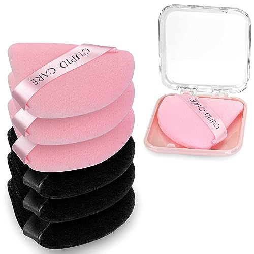 CUPID CARE 6 Pcs Triangle Powder Puff with 2 Travel Cases, Setting Powder Puffs for Face Powder and Foundation, Velour Makeup Puff for Loose Powder Body Powder, Skin-Friendly, Beauty Makeup Tools