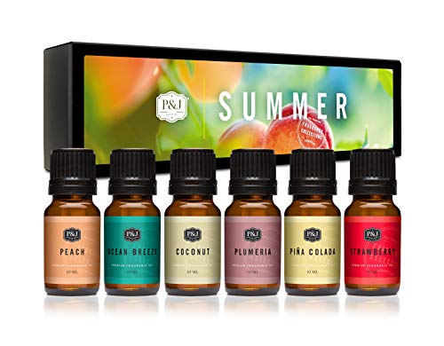 P&J Trading Summer Set of 6 Fragrance Oils - Peach, Strawberry, Plumeria, Coconut, Ocean Breeze, Pina Colada Candle Scents, Soapmaking, Diffuser Oil
