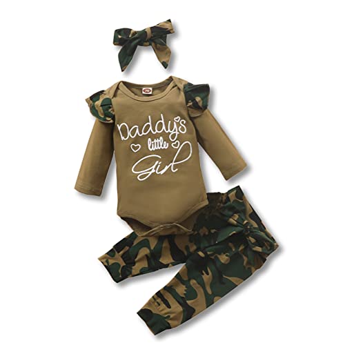 Kislio Newborn Baby Girl Clothes Camouflage Outfit Daddys Girl Ruffle Romper Camo Pants Headband Set