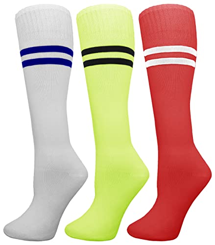 Kids Soccer Socks, 3 Pairs for Boys Girls, Youth Knee High Athletic Sports Football Gym School Pack Children (as1, alpha, s, regular, Assorted #1 (White/Red/Neon))