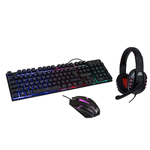 RGB PC Gaming Accessories Combo Kit - Gaming Keyboard and Gaming Mouse Combo - Spill-Proof USB Keyboard, Wired 3-Button Optical Mouse, Stereo Gaming Headset