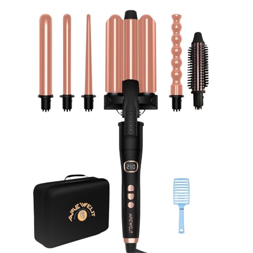 AreWeLit 6 in 1 Multistyler Curling Iron Set w/Tangle-Free 3D Floating Based Brush - Tourmaline Ceramic Ionic Hair Styling Tools - Curling Wands Curler Straightener Volumizer 3 Barrel Waver