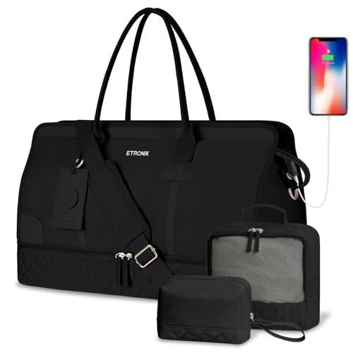 ETRONIK Weekender Overnight Bag for Women, Large Travel Duffle Bag with Shoe Compartment & Wet Pocket, Carry On Tote Bag Gym Duffel Bag with Toiletry Bag for Hospital 4 Pcs Set, Large Size, Black