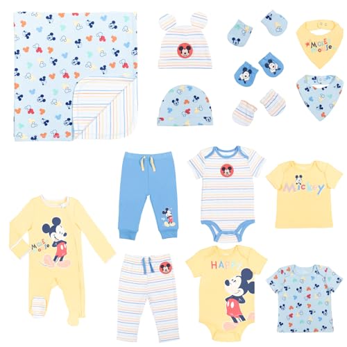 Disney Mickey Mouse Baby Boys Coverall Bodysuits T-Shirts Pants Accessories and Blanket 15 Piece Layette Set 0-6 Months