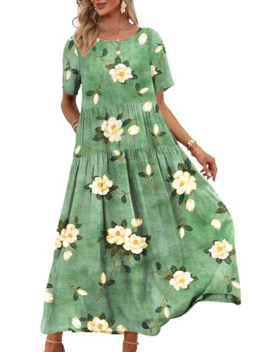 YESNO Women Casual Loose Bohemian Floral Dress with Pockets Short Sleeve Long Maxi Summer Beach Swing Dress 2XL EJF CR19