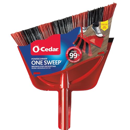 O-Cedar PowerCorner One Sweep Broom with Step-On Dustpan and 3-Piece Handle, Red (Pack of 1)