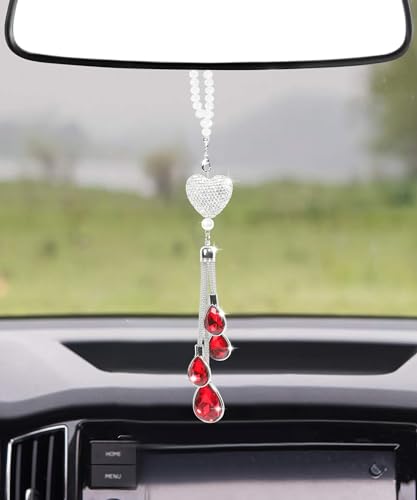 YAKEFLY 9.8 Inch Bling Heart Diamond Car Accessories,Crystal Car Rear View Mirror Charms Car Decoration Decor,Car Interior Hanging Pendant Charm Ornament Pendant,Bling Car Accessories (Red)