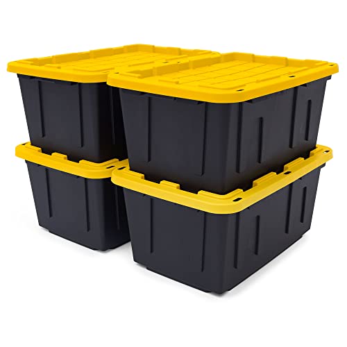 CX BLACK & YELLOW, 27-Gallon Heavy Duty Tough Storage Container & Snap-Tight Lid, (14.3”H x 20.6”W x 30.6”D), Weather-Resistant Design and Stackable Organization Tote [4 Pack]