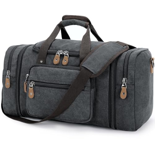 Gonex Canvas Duffle Bag for Travel 60L Expandable Duffel Weekend Overnight Bag men (Dark Gray)