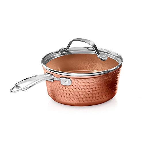 Gotham Steel Nonstick Hammered Copper Collection – 2.5 Quart Sauce Pan with Lid, Premium Cookware, Aluminum Composition with Induction Plate for Even Heating, Dishwasher & Oven Safe