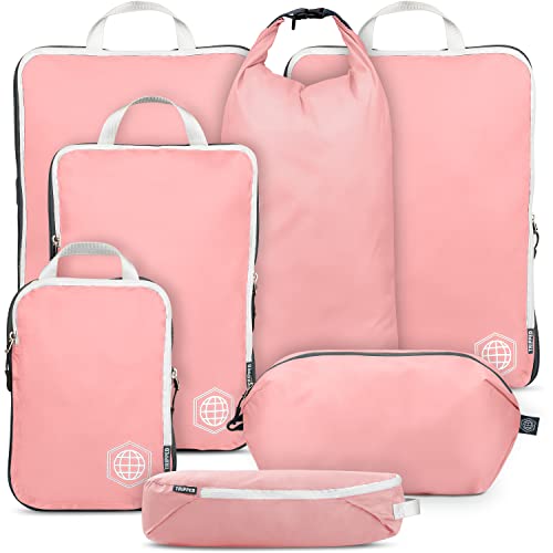 Large Packing Cubes for Travel-Extra Large Compression Packing Cube Luggage Organizers 7 Piece Set-Ultralight, Expandable/Compression Bags for Clothes by TRIPPED Travel Gear (Dusty Rose)