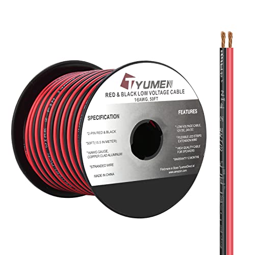 TYUMEN 50FT 16/2 Gauge Red Black Cable Hookup Electrical Wire LED Strips Extension Wire 12V/24V DC Cable, 16AWG Flexible Wire Extension Cord for LED Ribbon Lamp Tape Lighting