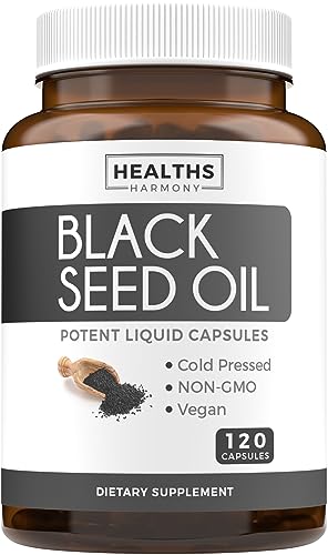 Black Seed Oil - 120 Softgel Capsules Skin Health (Non-GMO & Vegan) Cold-Pressed Nigella Sativa Producing Pure Black Cumin Seed Oil with Vitamin E - 500mg Each, 1000mg Per 2 Capsule Serving