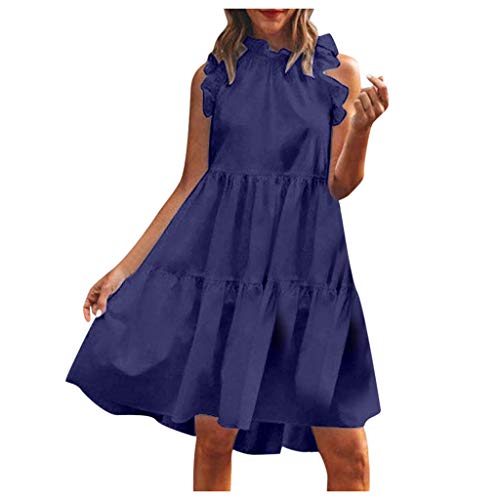 huayangjojo Hawaiian Dresses for Women, Plus Size Swimsuit Coverups, Women's Summer Dresses Sleeveless Ruffle Sleeve Round Neck Solid Short Flowy Pleated Holiday Mini Babydoll Dress Navy