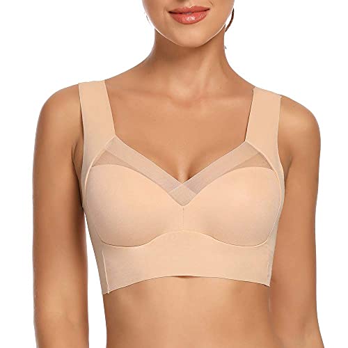 Back Smoothing Bra Lace Bralettes for Women Wirefree Comfortable Padded Push Up Lift Support v Neck Sexy Sleep Leisure Bra Plus Size Everyday Bras for Women (168 Sleep Beige, 2XL)