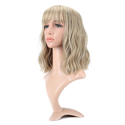 VCKOVCKO Natural Wavy Short Bob Wigs With Air Bangs Women's Shoulder Length Wigs Curly Wavy Synthetic Cosplay Wig Pastel Bob Wig for Girl Colorful Wigs(12', Mix Blonde)