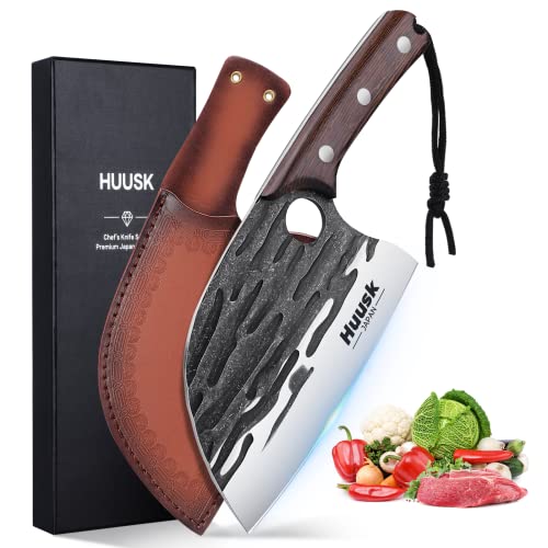 Huusk Japan Knives, Upgraded Serbian Chef Knife Japanese Meat Cleaver Knife for Meat Cutting Forged Butcher Knife with Sheath Full Tang Kitchen Chopping Knife for Home, Outdoor Cooking, Camping