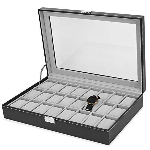 JS NOVA JUNS Watch Box, 24 Slots Mens Watch Organizer Lockable Jewelry Display Case with Large Acrylic Lid Black Faux Leather