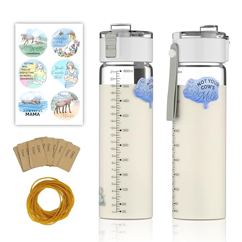 Glass Breast Milk Pitcher for Fridge (2 Pack, 21 Oz) 'Not Your Cow's Milk' Pop-Top Breastmilk Storage Bottles w/Expiration Tags & 12 Stickers- Breast Milk Storage Containers