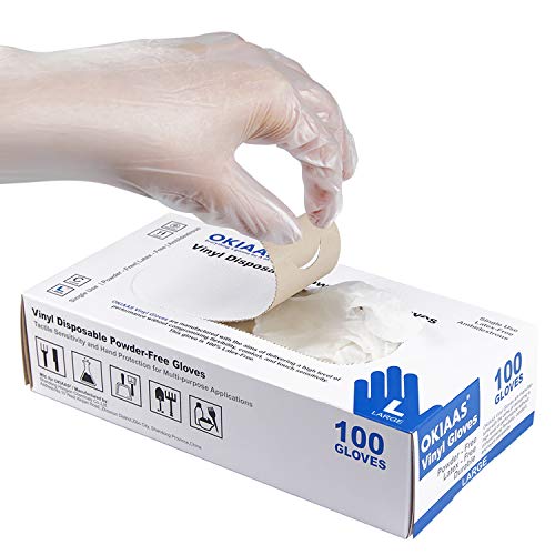 OKIAAS Disposable Gloves L, Food Safe| Latex-Free and Powder-Free Clear Vinyl Gloves for Cooking, Food Prep, Household Cleaning | Medium,100 Counts/Box