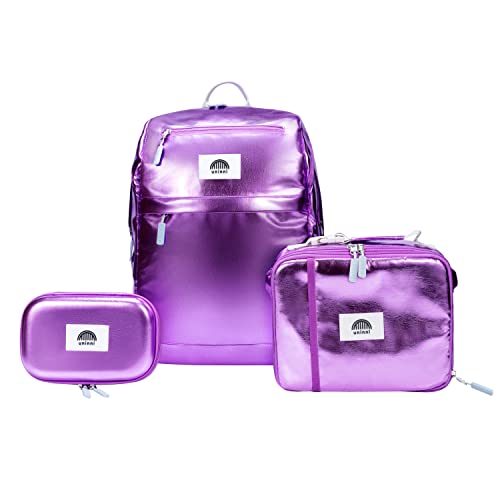 uninni Metallic Lilac Kids Backpack Set for Age 6+, fits for height 3'9' above kids with Lightweight Insulated Lunch Bag and Cute Pencil Case for Boys and Girls