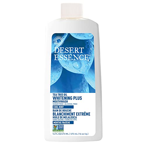 Desert Essence Tea Tree Oil Whitening Plus Mouthwash 16 fl oz - Non-GMO, Gluten Free, Vegan, Cruelty Free, Sugar Free, Alcohol Free - Deeply Cleanses & Brightens Teeth - Spearmint & Wintergreen