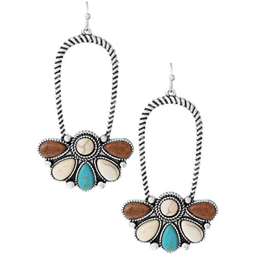 Rosemarie & Jubalee Women's Chic Western Style Burnished Silver Tone Textured Rope With Semi Precious Howlite Stone Earrings, 2.62' (Brown Turquoise And Natural White)