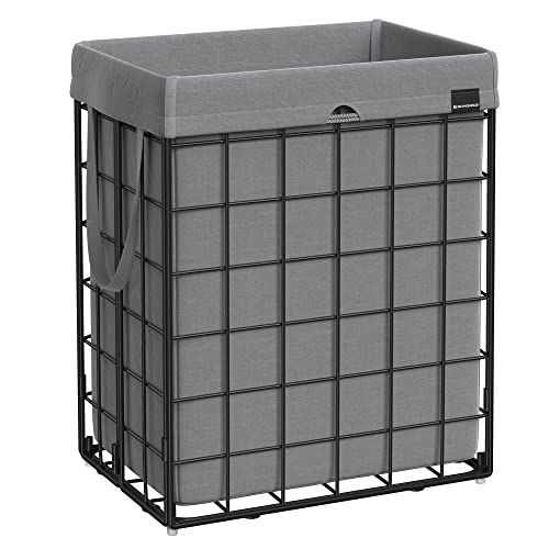 SONGMICS Laundry Hamper, 23.8 Gal (90L) Laundry Basket, Collapsible Clothes Hamper, Removable and Washable Liner, Metal Wire Frame, for Bedroom Bathroom, Black and Gray ULCB190G01