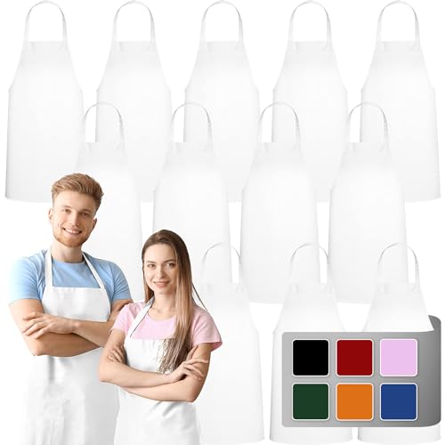 GREEN LIFESTYLE 12 Pack Bib Apron - Unisex White Aprons, Machine Washable Aprons for Men and Women, Kitchen Cooking BBQ Aprons Bulk (Pack of 12, No Pockets, White)