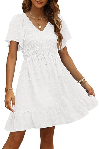 TECREW Womens Smocked Short Sleeve V Neck Mini Dress Summer Swiss Dot Flowy Short Dress, White, X-Large