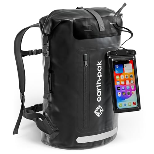 Earth Pak Waterproof Backpack - Heavy Duty Hiking Backpack - Roll-Top Closure - Waterproof Bag - Cushioned Dry Bags Waterproof w/ IPX8 Waterproof Phone Case - Wet Bag for Hiking, Kayak (Black, 55L)