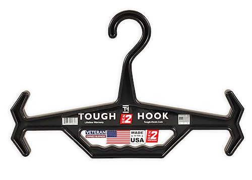 Tough Hook Original Multipurpose Heavy Duty Hanger, USA Made, Anti-Slip, 200 lb Capacity, Ideal for Tactical Gear, Body Armor, Scuba, Fitness Vests, 1 Black Plastic Piece