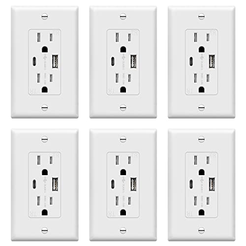 TOPGREENER USB Outlet, Type C Wall Charger 15 Amp TR Receptacle Plug, Charging Power Outlet with Ports, Electrical Socket, UL Listed, TU21536AC-W-6PCS, White, 6 Pack