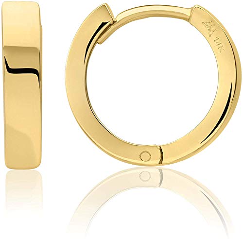 14kt Gold Huggie Hoop Earrings Minimalist Small Simple Thin huggies For Women and Men Polished Flat Hinged Hoop (Yellow Gold)