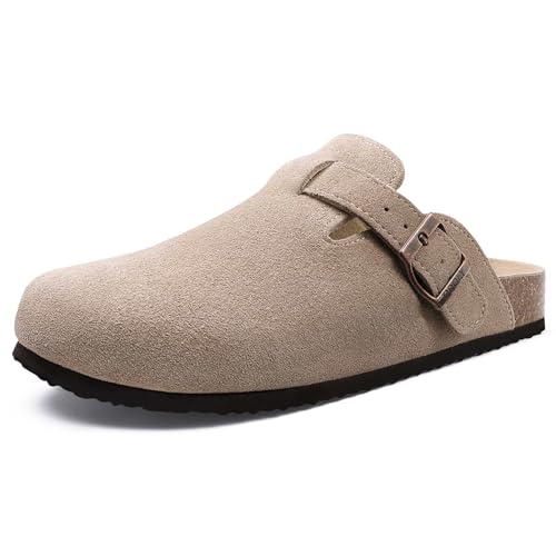 ODOLY Women's Suede Clogs Soft Cork Footbed Leather Mules Comfort Potato Shoes with Arch Support, Taupe 42