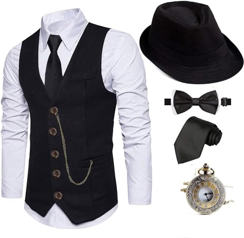 EFORLED 1920s Mens Costume Fedora Hat,Gatsby Gangster Vest,Vintage Pocket Watch,Pre Tied Bow Tie,Tie,CC-L