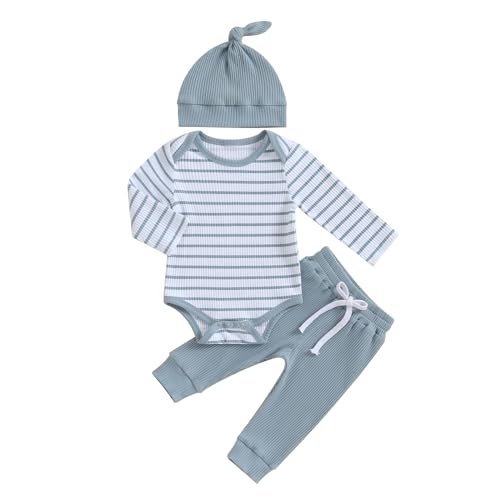 Newborn Baby Boy Girl Outfits Long Sleeve Striped Ribbed Knitted Romper Pants Hat 3Pcs Infant Fall Winter Clothes (3Pcs- Blue, 0-3 Months)