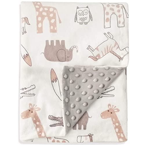 BORITAR Baby Blanket Soft Minky with Double Layer Dotted Backing, Lovely Animals Printed 30 x 40 Inch Receiving Blanket