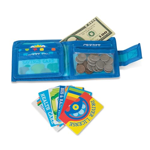 Melissa & Doug Pretend-to-Spend Toy Wallet With Play Money and Cards (45 pcs) , Blue - Shopping Toys, Play Wallet, Pretend Credit Cards For Kids Ages 3+