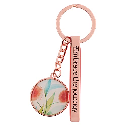 Heartfelt Women's Keychain, Rose Gold Metal w/Floral Orange Blossoms Pastel Watercolor Flower Art Design Embrace the Journey Engraved Inspirational Quote Accessory for Her, Split Ring, Keepsake Tin